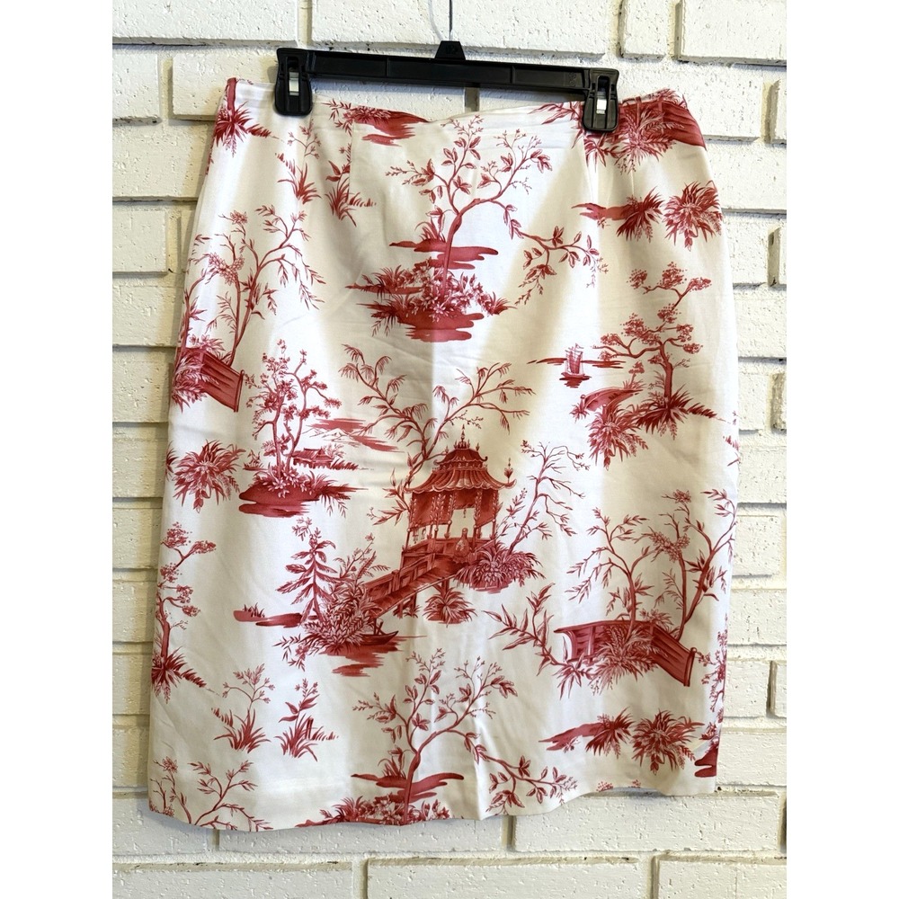 Talbots Petites White & Red Toile Silk Blend Pagoda Pencil Skirt Size 14 Vintage
